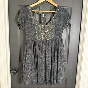Free People Grey/Green Pattern Short Sleeve Mini Dress